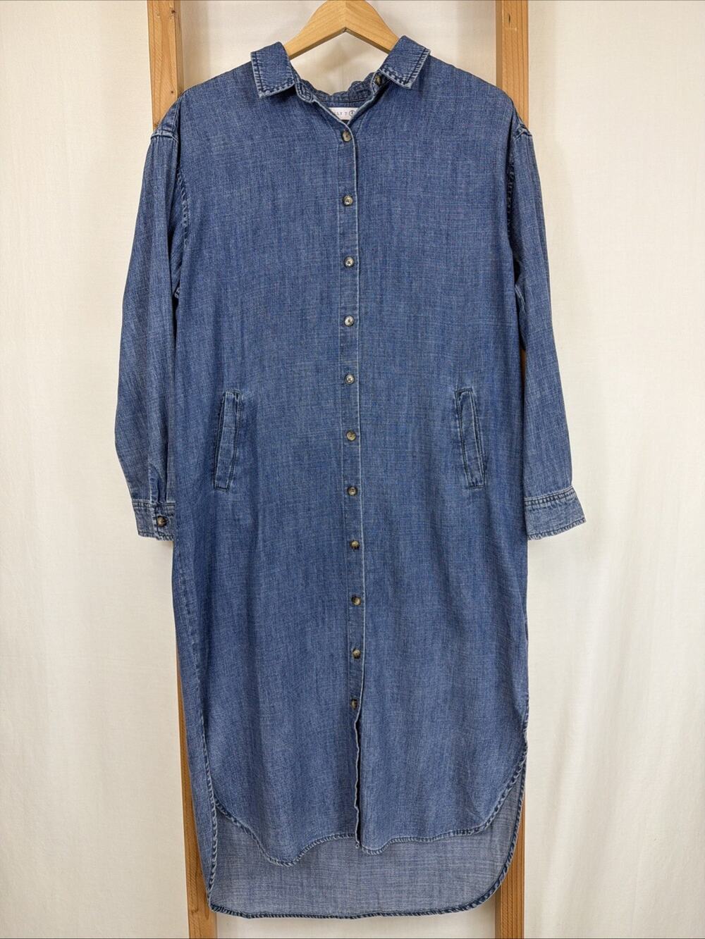 NWT Billy T Blue Denim Pockets Long Sleeve Button Up Dress Duster #1418 Size SM